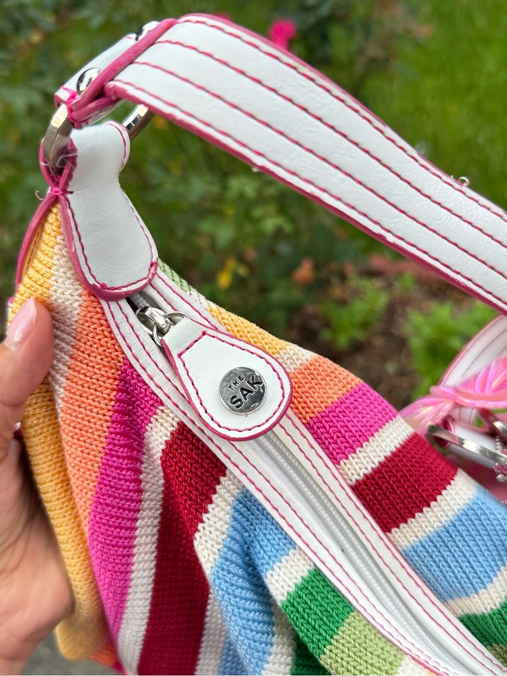 The Sak Rainbow Stripe Kids Shoulder Bag with Pink Plush Charm - Picture 9 of 13